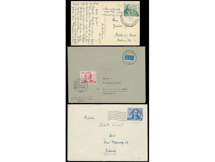 1949, Goethe 10-30 Pfg. jeweils als portogerechte Einzelfrankatur auf Postkarte, Brief und Auslandsbrief (Mi. 560,-)
