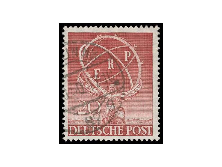 1950, ERP 20 Pfg. mit fehlerhaftem Wasserzeichen "fehlender Ring", sauber gestempelt, in einwandfreier Erhaltung, selten, Fot