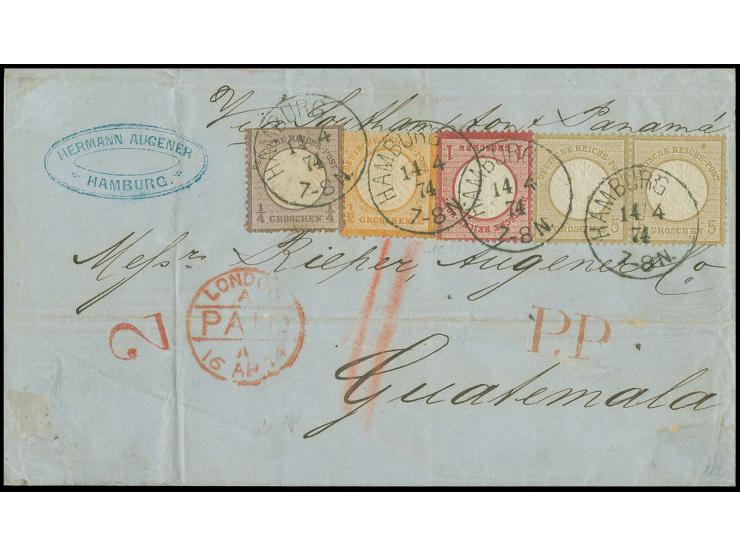  GUATEMALA: Kleiner Schild ¼ Groschen violett zusammen mit Großer Schild ½ Groschen orange, 1 Groschen karmin und waagerechte