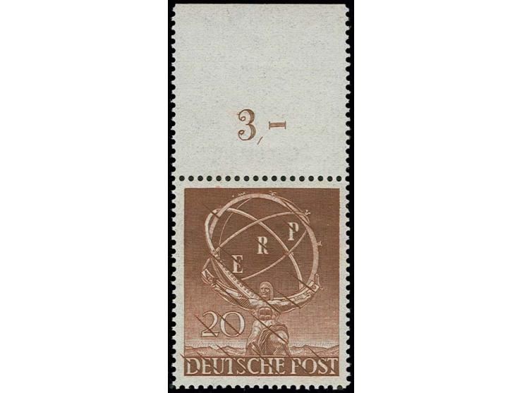 1950, ERP 20 Pfg., Probedruck in schwärzlichgelbbraun, postfrisch vom Oberrand, sign. Schlegel BPP (Mi. 1.000,-)