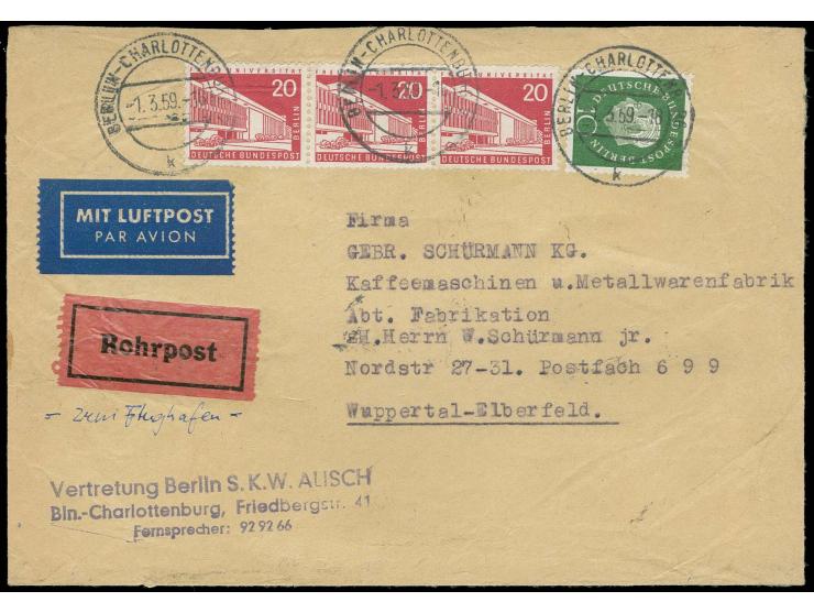 1956, Stadtbilder 20 Pfg. im waagerechten 3er-Streifen und Heuss 10 Pfg. als portogerechte Frankatur auf Luftpost-Rohrpostbri