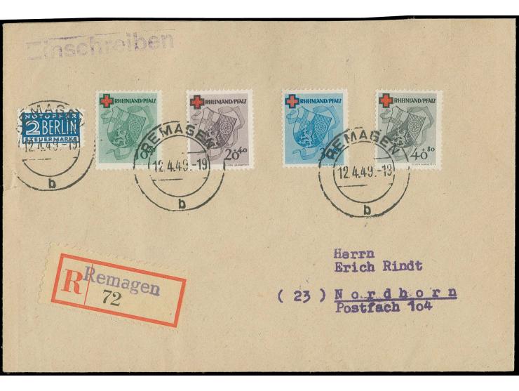 1949, Rotes Kreuz  10-40 Pfg. kpl. auf Einschreibe-Brief von "REMAGEN 12.4.49" nach Nordhorn mit Ankunftsstempel