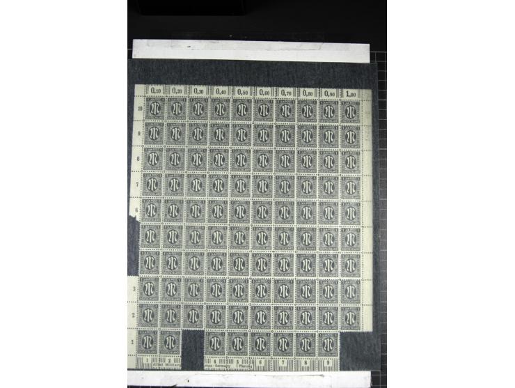 1Pfg. olivschwarz, gez. 11:11½, Papier z, fast kompletter Bogen (Feld 93 und 100 fehlend) mit schwarzer sechsstelliger Bogenz