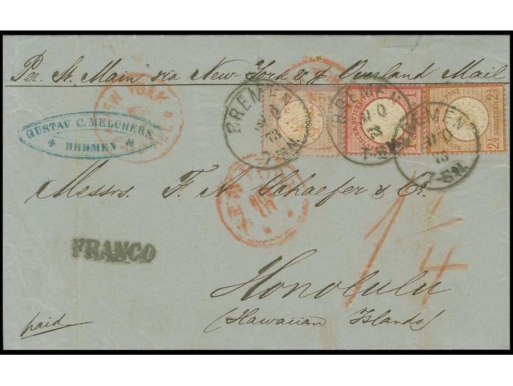  HAWAII: Großer Schild ¼ Groschen violett, 1 Groschen karmin und 2½ Groschen mittelrötlichbraun, alle farbfrisch und gut gezä