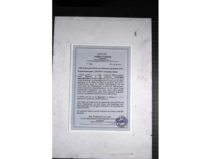 1 Pfg. olivschwarz, gez. 11½, Papier z, kompletter Bogen mit schwarzer sechsstelliger Bogenzählnummer 200296, handschriftlich