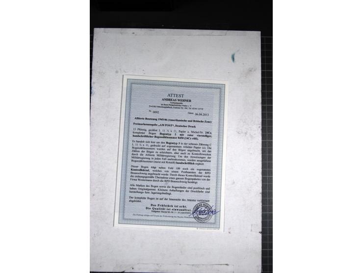 15 Pfg. karminrot, gez. 11½:11, Papier z, kompletter Bogen mit roter vierstelliger, handschriftlicher Bogenzählnummer 8450, n
