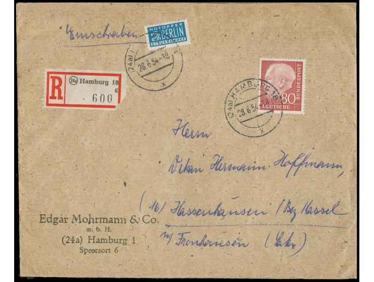 1954/61, Heuss 80 Pfg. als portogerechte Einzelfrankatur auf Einschreibe-Brief der 2. Gewichtsstufe von "HAMBURG 28.6.54" nac