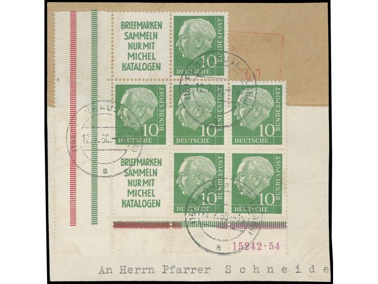 ZUSAMMENDRUCKE: 1955, Heuß: R2 + 10 Pfg. + R2, senkrechter Zusammendruck mit Zwischensteg links und mit weiteren 10 Pfg.  als