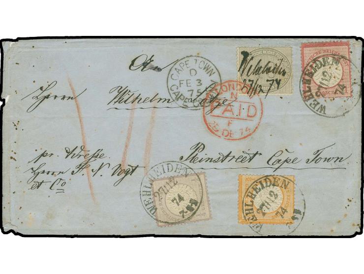  KAP DER GUTEN HOFFNUNG: Großer Schild ¼ Groschen violett, ½ Groschen orange und 1 Groschen karmin mit Innendienstmarke 10 Gr