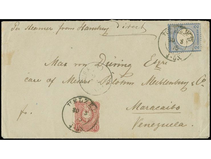  VENEZUELA: Großer Schild 2 Groschen blau in Mischfrankatur mit 1875, 10 Pfennige karmin mit DKr. "UELZEN 30 3 75" auf Briefk