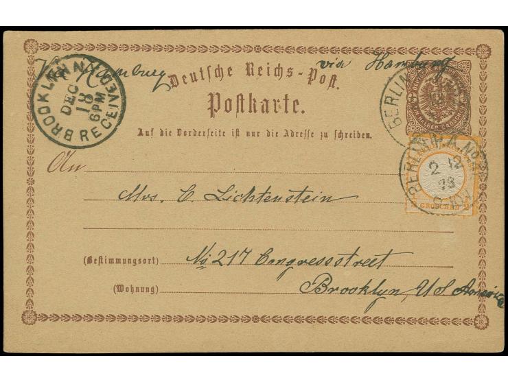  VEREINIGTE STAATEN: Großer Schild ½ Groschen orange als Zufrankatur auf Ganzsachenkarte ½ Groschen mit EKr. "BERLIN P.A. No.