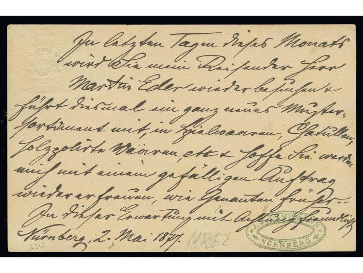  1876/81, 5 Pfennig grauolivgrün, farbfrisch und einwandfrei gezähnt als Zufrankatur auf Ganzsachenkarte 5 Pfennig von Nürnbe