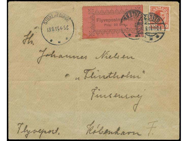 1919, First Airmail Flight Naestved to Storehedinge by Otto Reichter, semi-official 50ø vignette and 10 ø additional franking