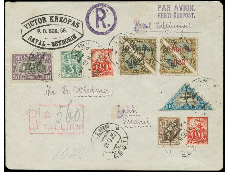 1923, Airmail 10 and 20 m. with private perforation and additional franking tied by cds. "TALLIN 13 9 26" to flown registered