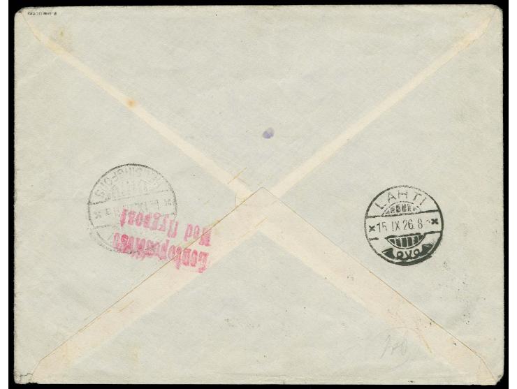 1923, Airmail 10 and 20 m. with private perforation and additional franking tied by cds. "TALLIN 13 9 26" to flown registered