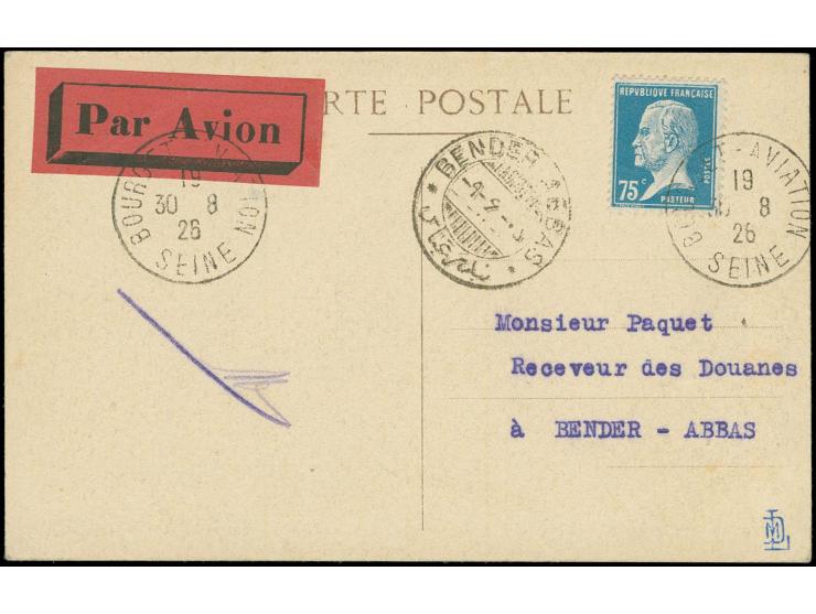 1926, Long Distance Flight Paris - Bender Abbas: franked picture postcard with cds. "BOURGET-AVIATION 19 30 26 SEINE" and arr