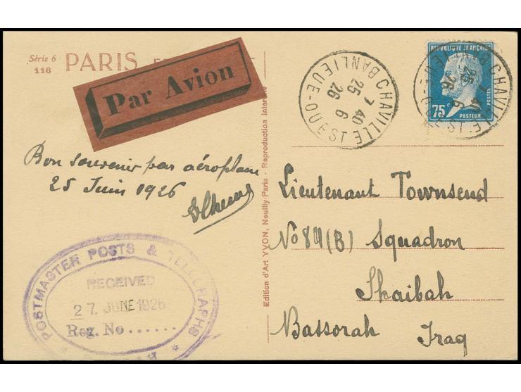 Long Distance Flight Paris - Bassorah: franked picture postcard with cds. "CHAVILLE BANLIEUE-OUEST 25 6 26" and with oval arr