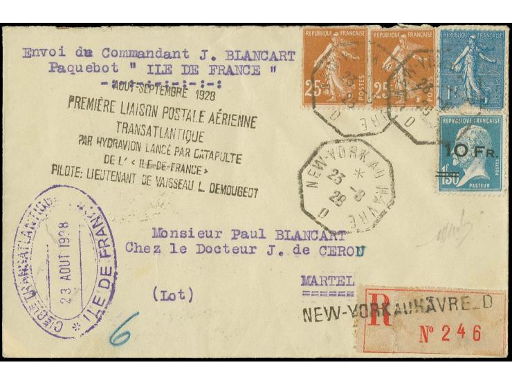Ile de France 10 fr. on 1.50 fr. blue with additional franking tied by octagonel "New York au Havre 23.8.28" to registered co