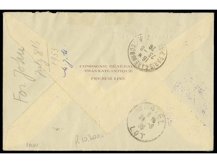 Ile de France 10 fr. on 1.50 fr. blue with additional franking tied by octagonel "New York au Havre 23.8.28" to registered co
