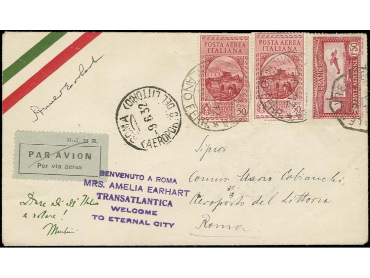 1932, Transatlantic Solo-Flight, cover from Le Havre addressed to Rome, with five line cachet "BENVENUTO A ROMA MRS. AMELIA E