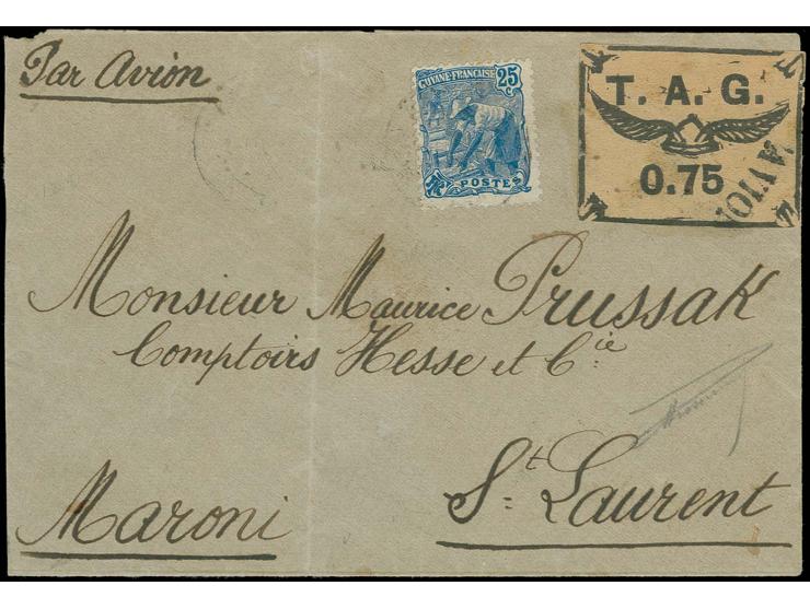 Cayenne - St. Laurent, cover franked with Winget helmet 0.75 fr. on salmon paper and additional franking tied by cds. resp. s