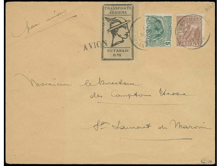 Cayenne - St. Laurent, cover franked with Mercury  0.75 fr. on grey paper and additional franking tied by cds. and straight l