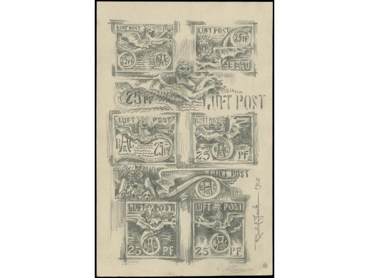 1912, Semi-Offical Airmailstamp: 5 different artists drawings and two printed items, all signed Rudolf Junck, fine and very i