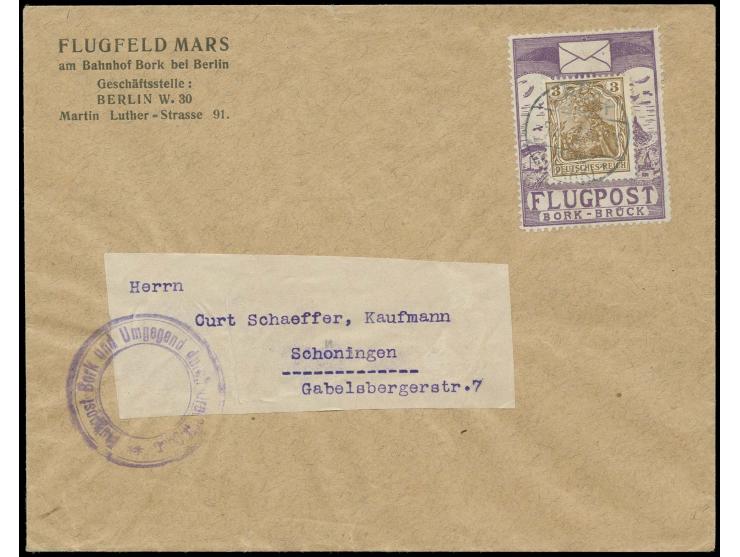 1912, Borck-Brück Flight, Airmail stamp with Germania 3 pfg. with perfin "GR" (= Georg Rothgießer, Founder of the Airfield MA