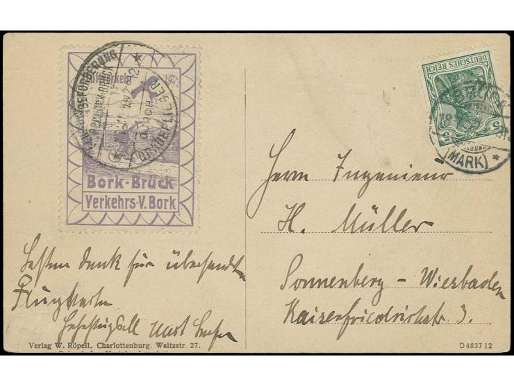 Borck-Brück Flight, Airmail stamp with additional franking Germania 5 pfg. tied by special cachet "FLUGBEFÖRDERUNG BORK-BRÜCK
