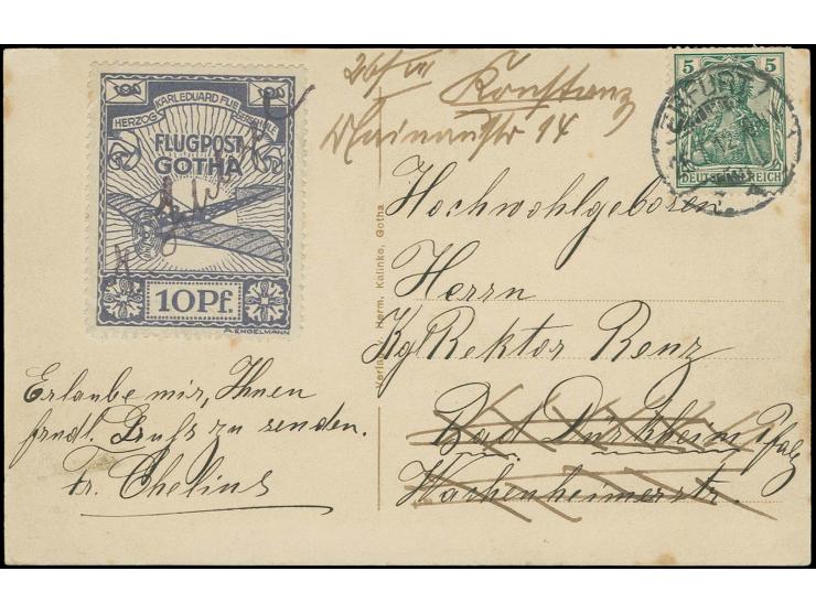 Flight Gotha-Erfurt, 10 Pfg. tied with E. Schlegel signature to picture postcard showing "Ing. Schlegel in front of an airpla