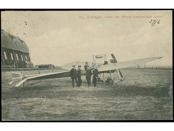 Flight Gotha-Erfurt, 10 Pfg. tied with E. Schlegel signature to picture postcard showing "Ing. Schlegel in front of an airpla