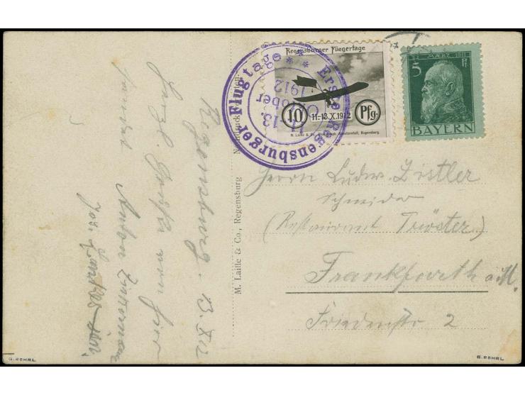 Regensburger Airmail Days, 10 pfg. with additional franking Bavaria 5 Pfg. tied by special violet cachet "Erste Regensburger 