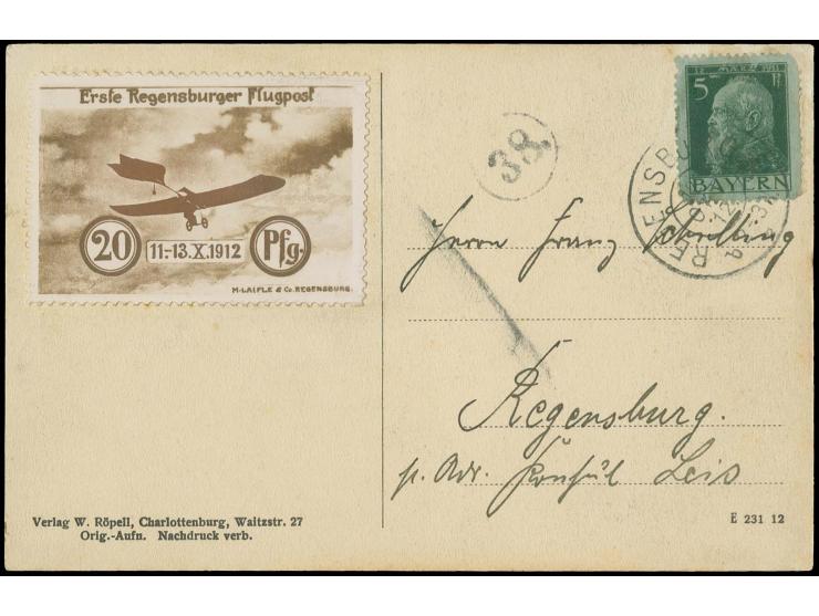 Regensburger Airmail Days, 20 pfg. with additional franking Bavaria 5 Pfg. with cds. "REGENSBURG 12 OCT 12" on picture postca