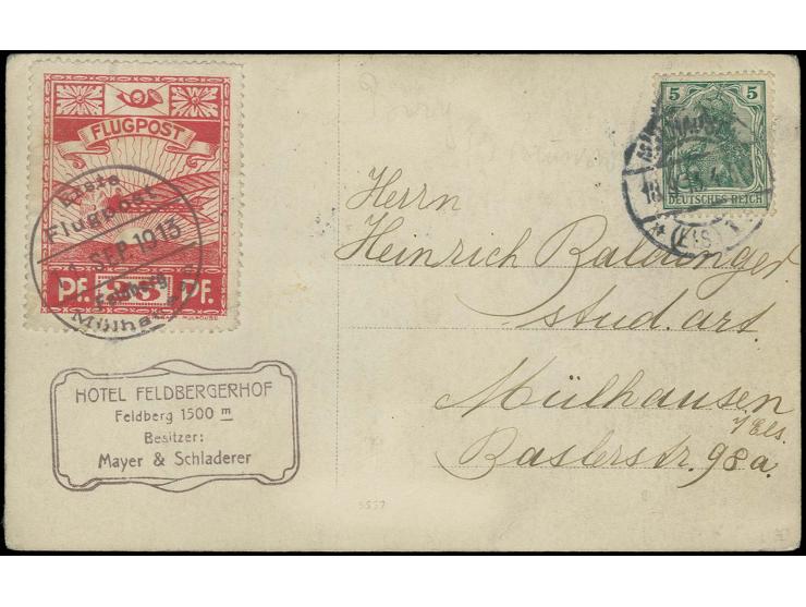 1913, Special Flight Mühlhausen-Feldberg, 25 pfg. with with blue cachet "Erste Flugpost 11. SEP 1913 Feldberg Mühlhausen" and