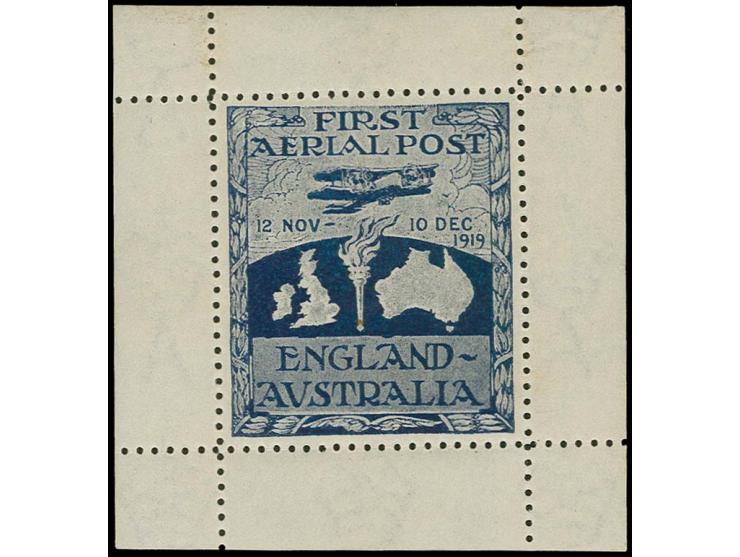 1919, First Aerial Post England-Australia, the so-called Ross-Smith vignette in dark blue, sheetlet with margins all round, m