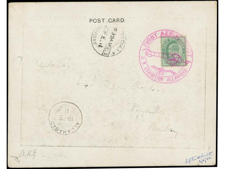 1911, World's First Official Airmail Flight, picture postcard of the plane, with special magenta cachet "FIRST AERIAL POST U.