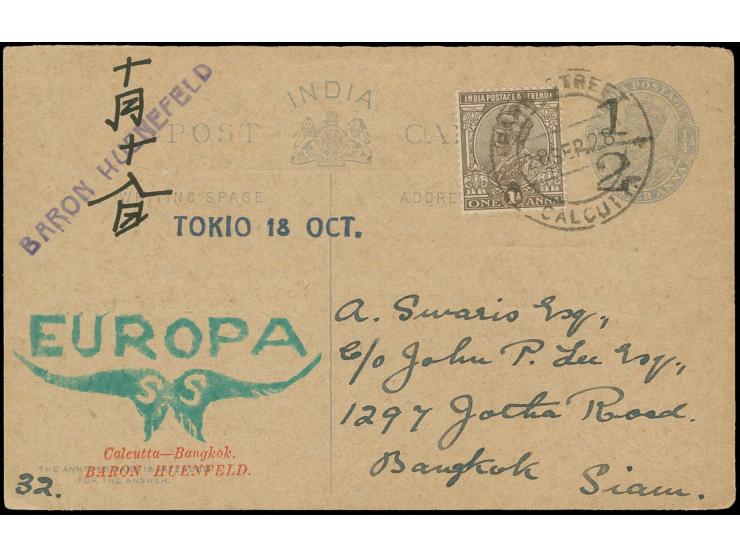 1928, Flight from Calcutta to Bangkok and on to Tokyo, 28.9-18.10, postal stationary with additional franking, with the cache