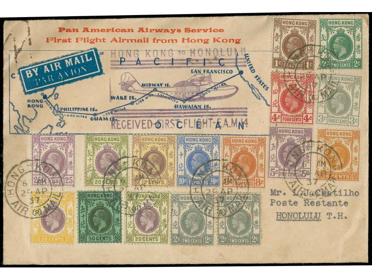HONG KONG: 1937, First Flight von HongKong nach Honolulu mit bunter Frankatur und violettem Flugstempel "HONG KONTO TO HONOLU