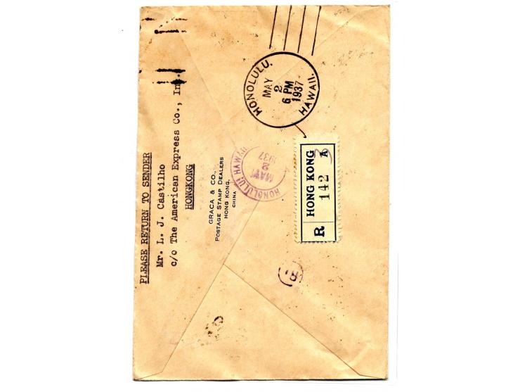 HONG KONG: 1937, First Flight von HongKong nach Honolulu mit bunter Frankatur und violettem Flugstempel "HONG KONTO TO HONOLU