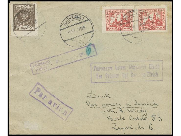 POLEN: 1925, Erstflug Warschau-Paris 16.6., Brief bis Zürich mit jeweils violettem Bestätigungs-Ra2 sowie Ra. "Par avion" sow