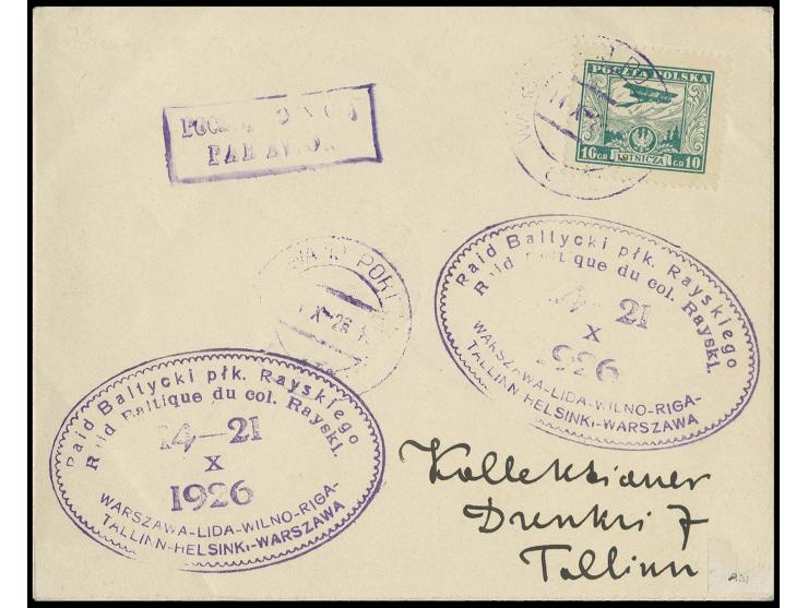 POLEN: 1926, 10 Gr. auf Brief Erstflug LOT von Warschau nach Tallinn, mit diversen Nebenstempeln, nur 220 Briefe geflogen, gu