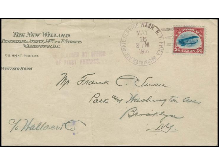 USA: 1918, Flugpost Washington-Philadelphia-New York 15.-16.5., Brief (links etwas verkürzt) mit Flugpost 26 C. und violettem