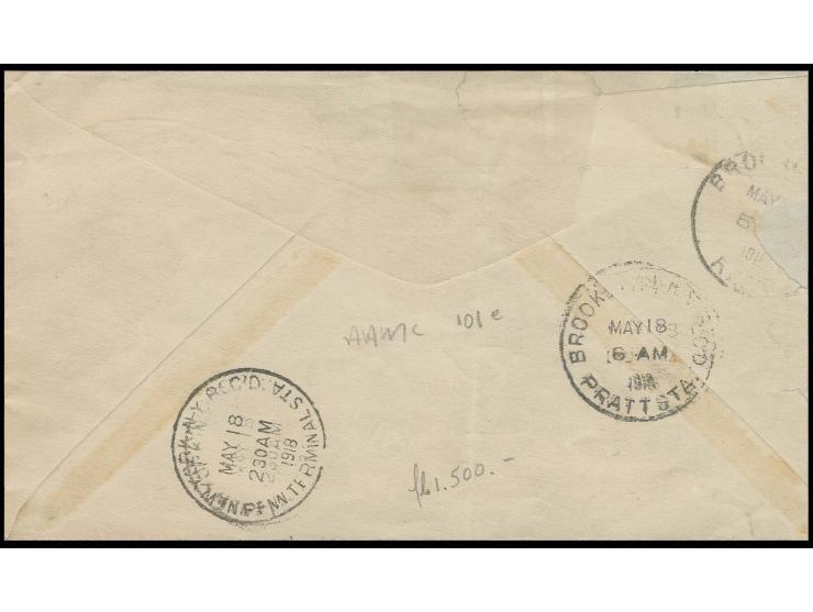 USA: 1918, Flugpost Washington-Philadelphia-New York 15.-16.5., Brief (links etwas verkürzt) mit Flugpost 26 C. und violettem