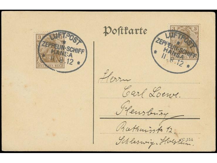 HANSA (LZ13): 1912, Postkarte mit 2 klaren Bordpoststempel vom 11.8.12 (je mit kopfstehender Monatsziffer) und 2 Einzelwerte 