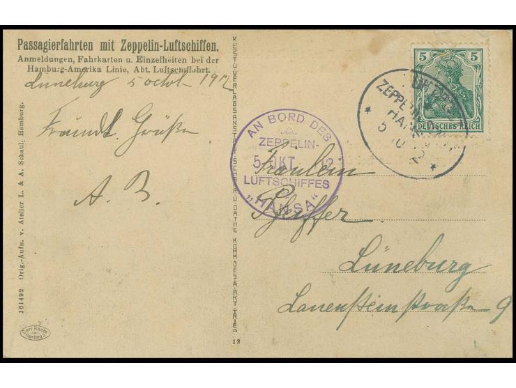 Delag-Karte "Luftschiff Hansa fertig zum Aufstieg" mit rotem Zudruck "Hansa-Fahrt am ... Oktober 1912 / Hamburg-Lüneburg-Hamb