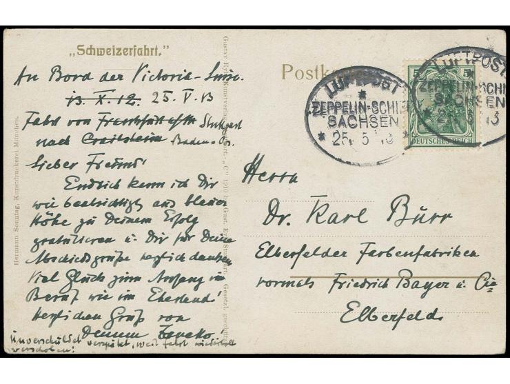 SACHSEN (LZ 17): 1913, Delag-Karte "Schweizerfahrt" mit Bordpoststempel vom 25.5. und Text mit geänderter Absenderdatierung m