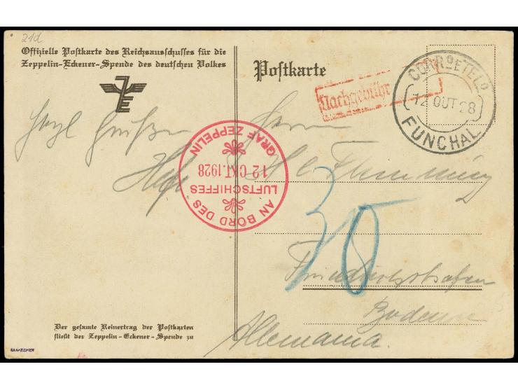 1928, Amerikafahrt, Abwurf Funchal, unfrankierte Zeppelin-Eckner-Karte vom Besatzungsmitglied Flemming mit Bordstempel vom 12