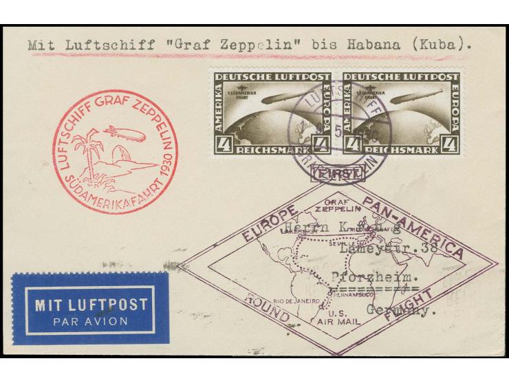 1930, Südamerikafahrt: Bordpost bis Habana, Brief mit waagerechten Paar Südamerikafahrt 4 M. und zusätlichem amerik. Sonderst