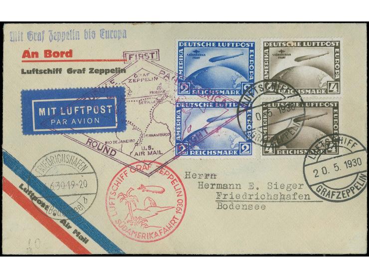  1930, Rundfahrt-Brief mit SAF 2 M. und 4 M. (minimale Schürfung) sowie normaler Zeppelin-Ausgabe 2 M. und 4 M.