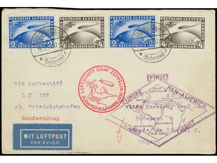 1930, Südamerikafahrt: Auflieferung Friedrichshafen bis Friedrichshafen (Rundfahrt), Brief mit je 2 Einzelwerten Südamerikafa